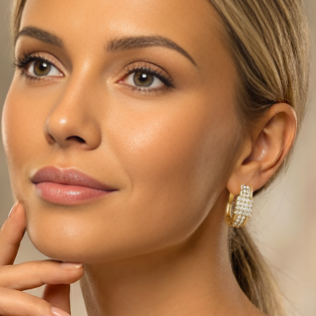 18K Gold Filled Reversible Triple-Row Pavé CZ Huggie Earrings – 18mm 2-in-1 Oval Hoop Earrings for Women